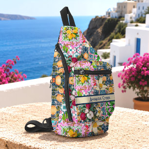Sac À Bandoulière Carreaux floraux de citrons siciliens bleus chic r