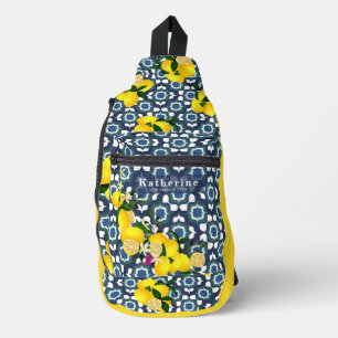 Sac À Bandoulière Carreaux Méditerranéens Citron Bleu Nuit Blanc