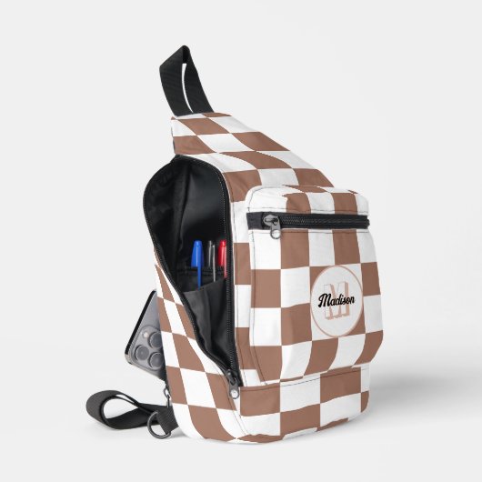 Sac À Bandoulière Chèque carré mocha brun blanc rétro Monogramme (Ouvrir)
