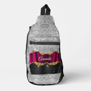 Sac À Bandoulière Chic faux argent parties scintillant Fuchsia noir 