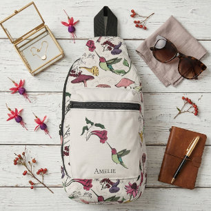 Sac À Bandoulière Colibri Floral Nom Personnalisé Beige Moderne