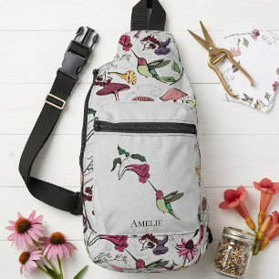 Sac À Bandoulière Colibri Floral Nom Personnalisé Gris Moderne