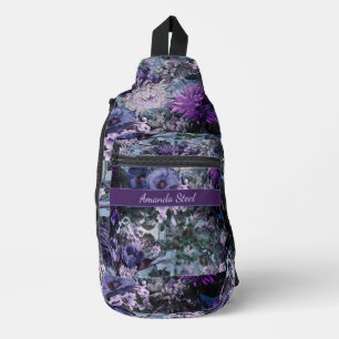 Sac À Bandoulière Élégant bleu violets floral monogrammé imprimé