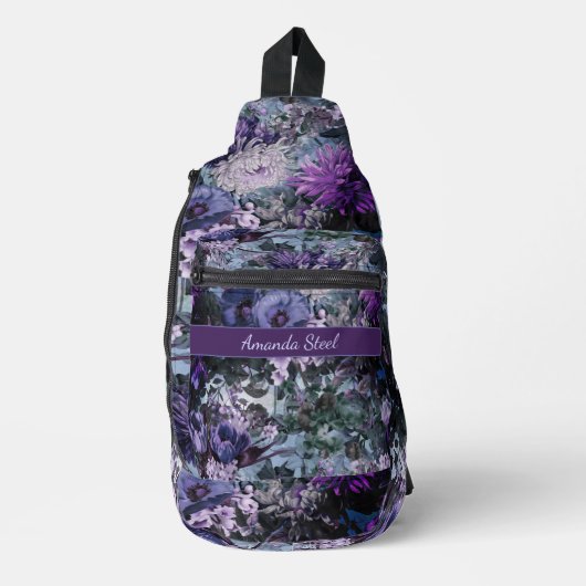 Sac À Bandoulière Élégant bleu violets floral monogrammé imprimé (Recto)