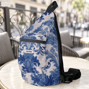 Sac À Bandoulière Élégant damas bleu toile de jouy monogramme
