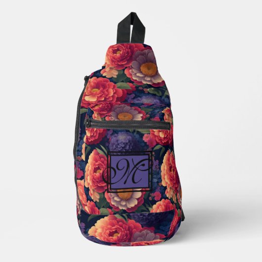 Sac À Bandoulière Élégant monogramme romantique orange rouge floral (Recto)