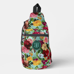 Sac À Bandoulière Élégant rose fleurs aqua motif monogramme imprimé