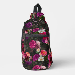 Sac À Bandoulière Élégant rose fleurs noir monogramme imprimé