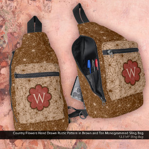 Sac À Bandoulière Fleurs de pays Motif Tan Brown Rouge Rustique