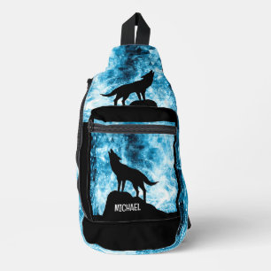 Sac À Bandoulière Howling Wolf Winter enneigé bleu noir Nom personna