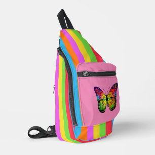 Sac À Bandoulière Lignes Colorées Papillon Arc-en-ciel Fond Rose
