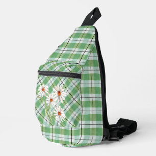 Sac À Bandoulière Marguerites sur Tartan Vert et Blanc Plaid