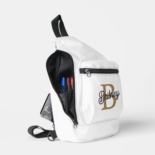 Sac À Bandoulière Monogramme moderne élégant Nom Black Gold Script (Ouvrir)
