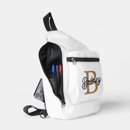 Sac À Bandoulière Monogramme moderne élégant Nom Black Gold Script (Ouvrir)