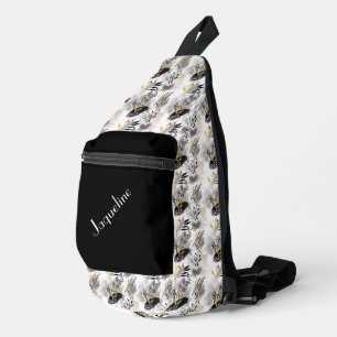 Sac À Bandoulière Motif Abstrait noir, blanc et or