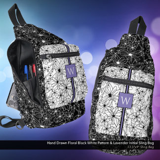 Sac À Bandoulière Motif floral noir blanc avec initiale
