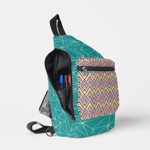 SAC À BANDOULIÈRE MOTIF GÉOMÉTRIQUE TURQUOISE ORANGE ROUGE FONCÉ & R