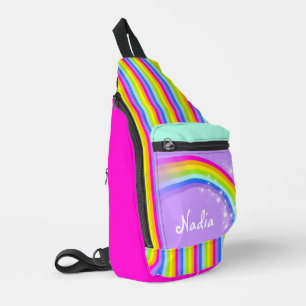 Sac À Bandoulière Nom personnalisé arc-en-ciel violet enfants école