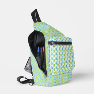 SAC À BANDOULIÈRE NUANCES DE MOTIFS EN COQUILLE ET EN LARME BLEU ET