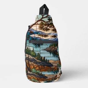 Sac À Bandoulière Paysage de montagne rustique vitrail