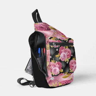 SAC À BANDOULIÈRE ROSE & NOIR TUFÉ REGARDER MOTIF ET FLEURS