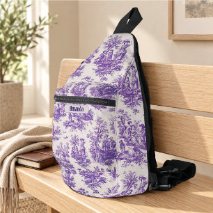 Sac À Bandoulière Toile de Jouy florale violette vintage monogramme