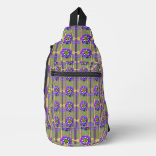 Sac à bandoulière vert mousse avec fleurs violette