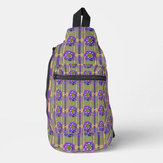 Sac à bandoulière vert mousse avec fleurs violette (Recto)