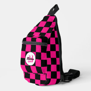 Sac À Bandoulière Vichy rose vif Noir géométrique rétro Monogramme