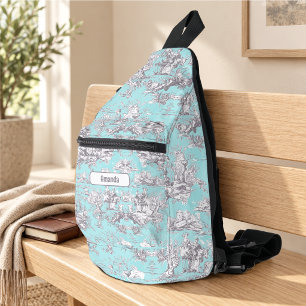 Sac À Bandoulière Vintage floral toile de Jouy bleu aqua monogramme