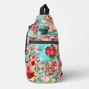 Sac À Bandoulière Vintage shabby chic roses et vase bleu imprimé