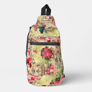 Sac À Bandoulière Vintage shabby chic roses et vase jaune imprimé