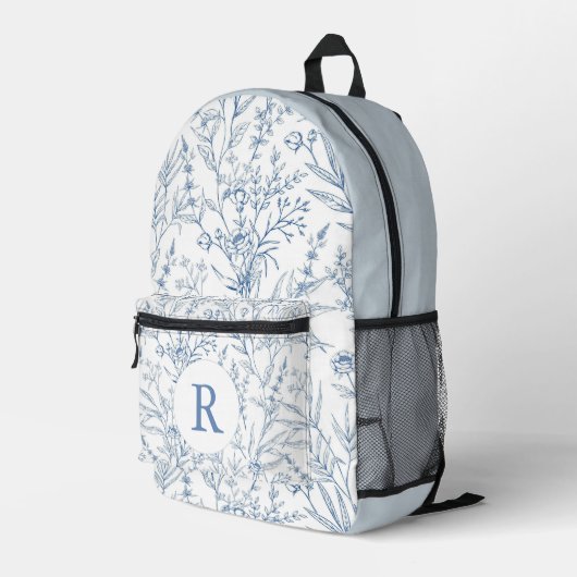 Sac à dos bleu et blanc pour monogramme floral (Coin arrière droit)