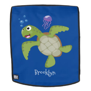 Sac À Dos Caricature joyeuse de tortue de mer verte mignonne