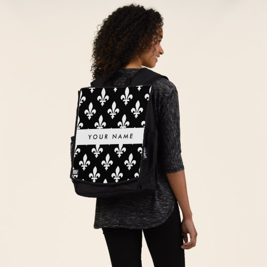 Sac À Dos Fleur de Lis, Blanc sur Noir, Blanc, Votre Nom (Porté)