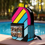 Sac À Dos Imprimé 4 Photo Retro stripe motif cmyk avec nom<br><div class="desc">Un motif rétro à rayures avec des couleurs inspirées de l'art et un motif minimum. Ajoutez vos photos préférées à ce garde-mémoire amusant. Les grandes bandes qui tournent en diagonale sont une combinaison funky cmyk avec des couleurs vives. Une façon artistique d'afficher vos meilleures photos de partage.</div>
