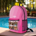 Sac À Dos Imprimé 6 Photo - Nom et titre Calligraphie Retro Stripe<br><div class="desc">Un art abstrait bio aux couleurs rose et mauve. Le design moderne met en valeur un endroit pour un nom et 6 photos. Un modèle simple avec des zones pour ajouter un nom et un autre texte. Arrière - plan rétro à rayures pour un design girly,  rose.</div>