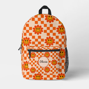 Sac À Dos Imprimé à damiers Fleurs souriantes orange Nom personnalis