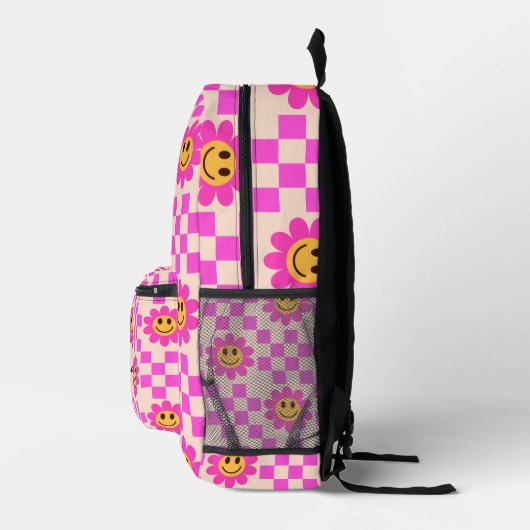Sac À Dos Imprimé à damiers Fleurs souriantes roses chaudes Nom pers (Droite)