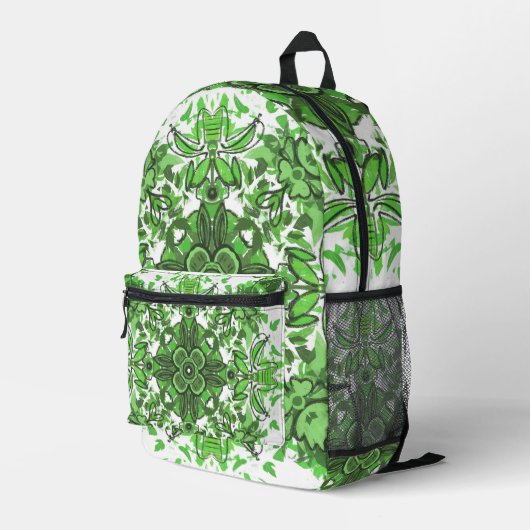 Sac À Dos Imprimé Abstract Floral Pattern In Black & Green On White (Coin arrière droit)