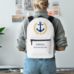 Sac À Dos Imprimé Ancre nautique Capitaine Nom du bateau Gold Laurel<br><div class="desc">Un ancre nautique conçu sur mesure,  des feuilles de lauriers de style or et une étoile d'or avec grade de capitaine ou autre titre et Votre nom personnalisé ou nom de bateau en bleu marine sur un sac à dos blanc uniforme. Fait un grand cadeau.</div>