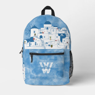 Sac À Dos Imprimé Aquarelle bleue et blanche Santorin Grèce Monogram