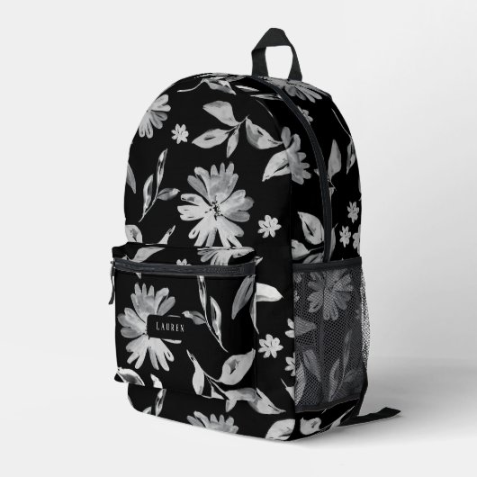 Sac À Dos Imprimé Aquarelle fleurs noir et blanc motif floral (Coin arrière droit)