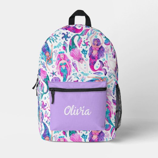 Sac À Dos Imprimé Aquarelle Mermaids Coques de mer + Starfish (Recto)