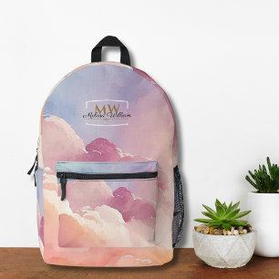 Sac À Dos Imprimé Aquarelle Nuages Noir Or Monogramme Nom Script