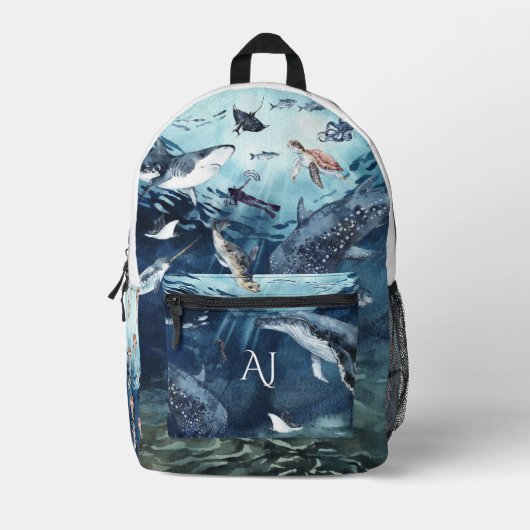 Sac À Dos Imprimé Aquarelle Océan Animaux | Monogramme (Recto)