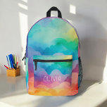 Sac À Dos Imprimé Aquarelle Pastel Arc-en-ciel nuages Monogramme<br><div class="desc">Éclairez votre journée enfant avec le sac à dos imprimé Watercolor Pastel Rainbow Clouds Monogram. Ce charmant sac à dos est doté d'une belle aquarelle couleur pastel arc-en-ciel avec des nuages moelleux, personnalisable avec le monogramme de votre enfant pour une touche personnelle. Fabriqué avec des matériaux durables, il comprend des...</div>