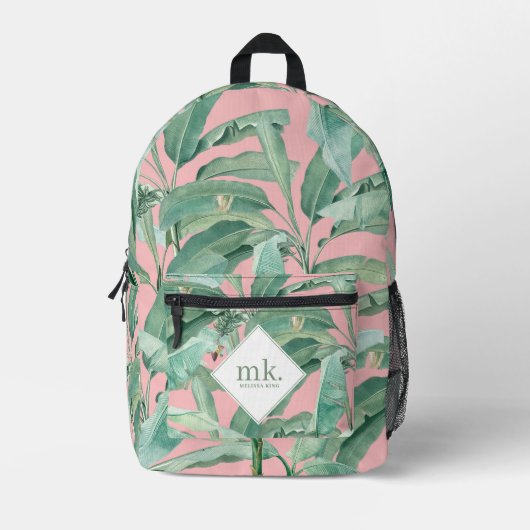 Sac À Dos Imprimé Aquarelle rose banane tropicale Feuilles Monogramm (Recto)
