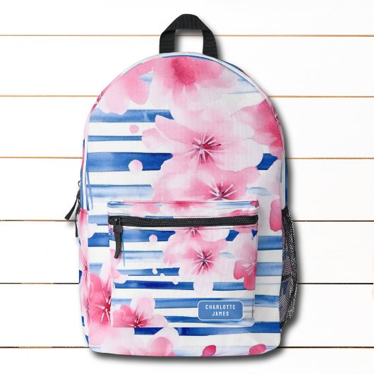 Sac À Dos Imprimé Aquarelle rose fleurit Floral Nom personnalisé