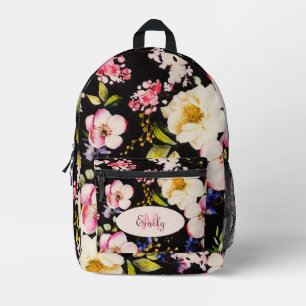 Sac À Dos Imprimé Aquarelle rose Roses jaunes sur noir, Monogramme